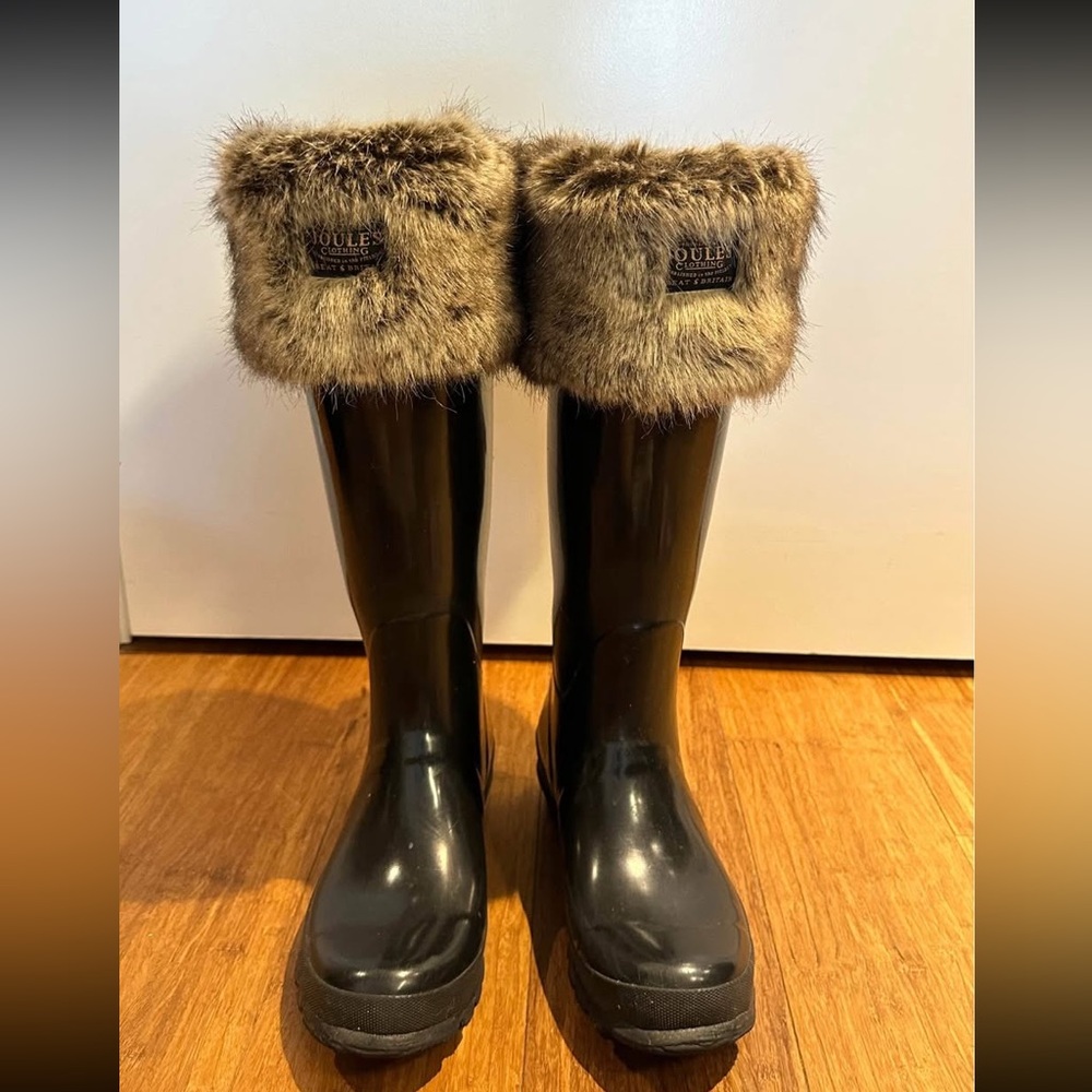 Joules Tall Black Boots with Faux fur and fleece sock insert (removable)
